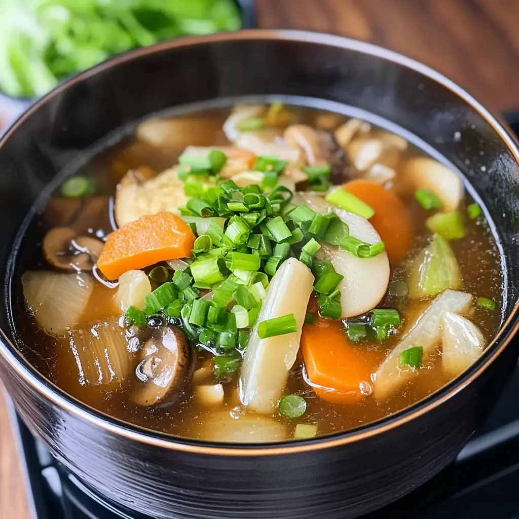 Nahaufnahme von dampfender Gemusesuppe mit buntem Gemuese, Tofu und Zwiebeln, gruner Hintergrund verschwommen.