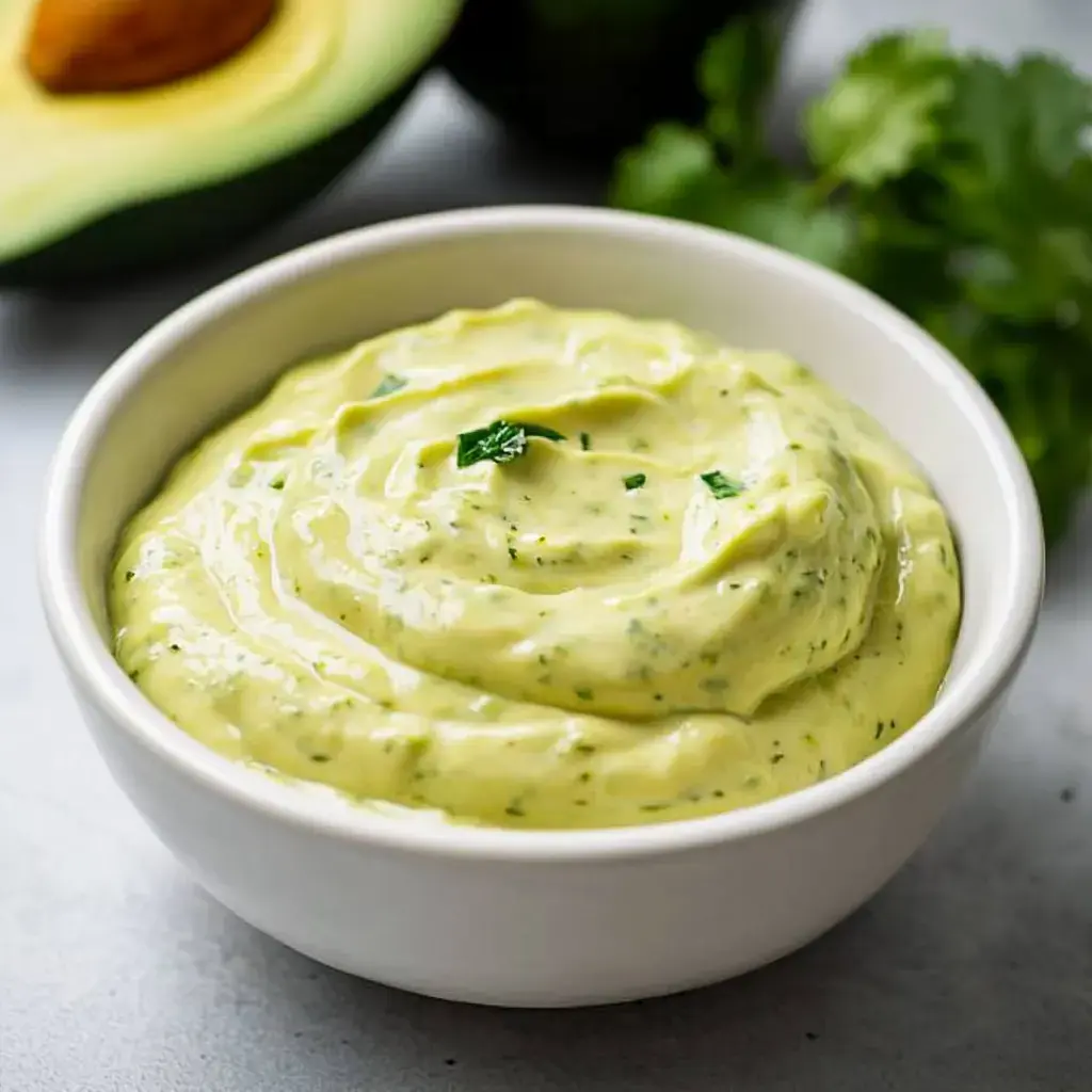 Ein cremiger grüner Dip aus Avocado und Kräutern in einer weißen Schüssel, mit frischem Koriander und einer Avocadohälfte im Hintergrund.