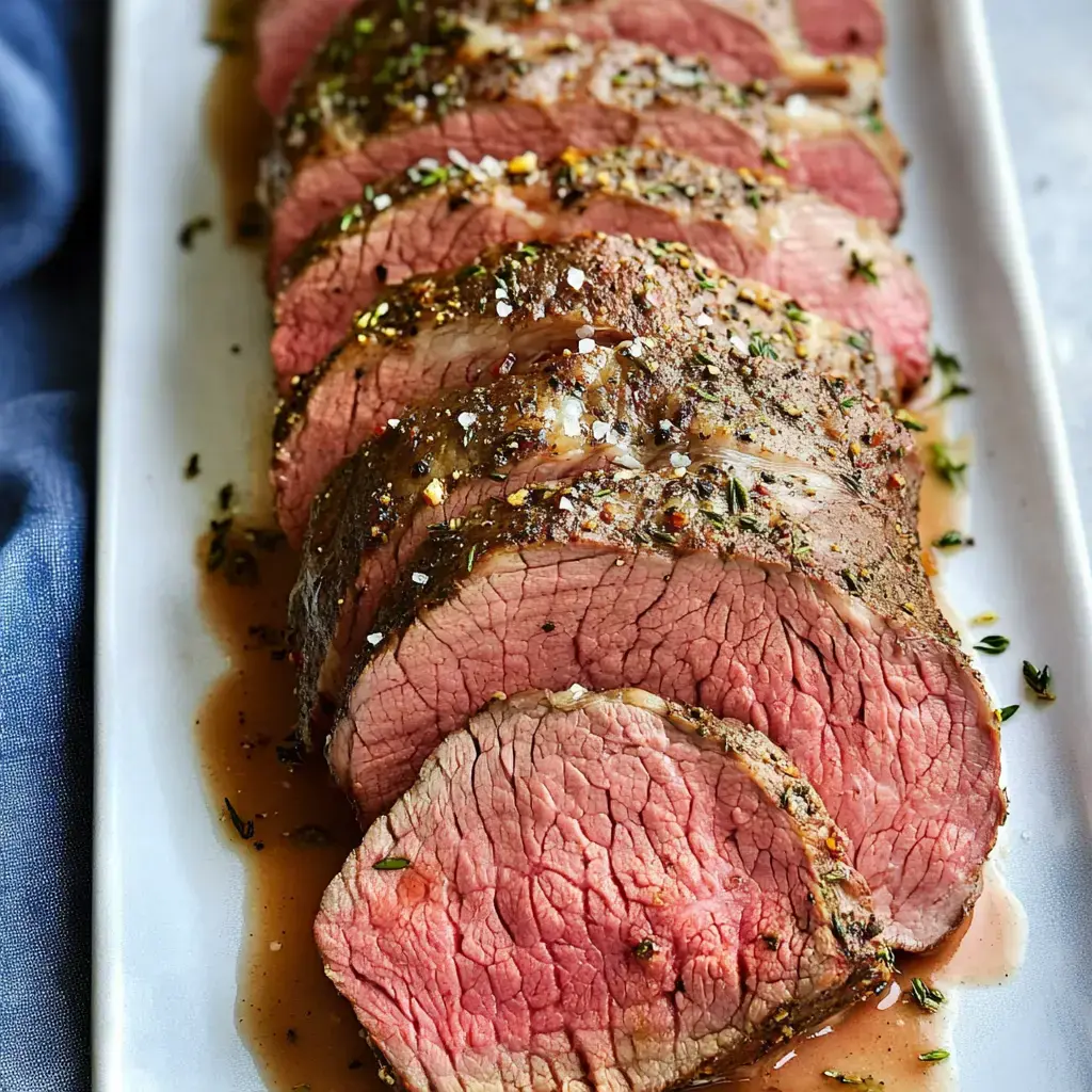 Ein Teller mit fachmännisch geschnittenem Rinderbraten, mit Kräutern gewürzt und mit Salz garniert, serviert in einer herzhaften Sauce.