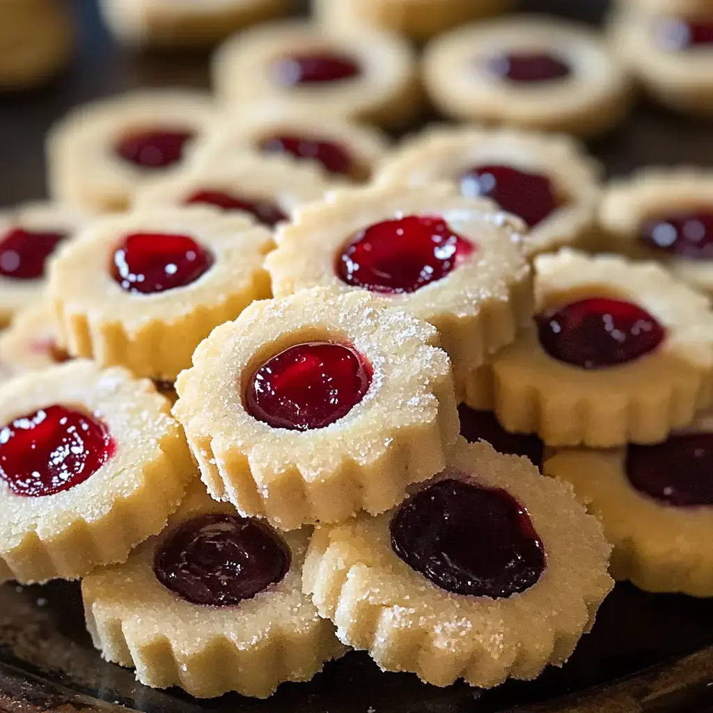 Nahaufnahme: Ein Haufen runder Plaetzchen mit roter Frucht in der Mitte.