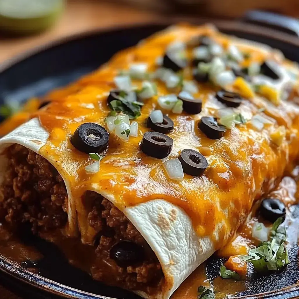 Eine Nahaufnahme von zwei Enchiladas mit geschmolzenem Käse, schwarzen Oliven und gehackten Zwiebeln auf einem dunklen Teller serviert.