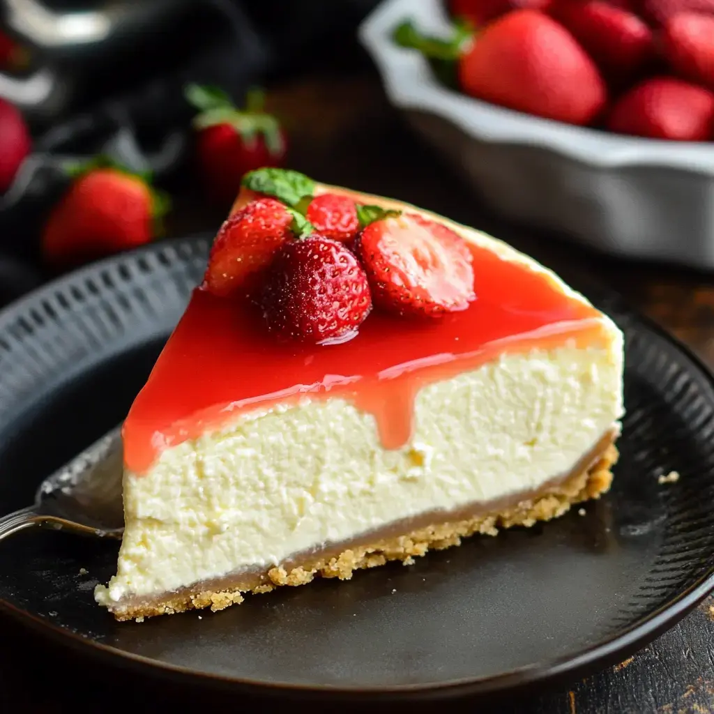 Ein Stück Käsekuchen mit frischen Erdbeeren und glänzender roter Glasur, serviert auf einem dunklen Teller mit weiteren Erdbeeren im Hintergrund.
