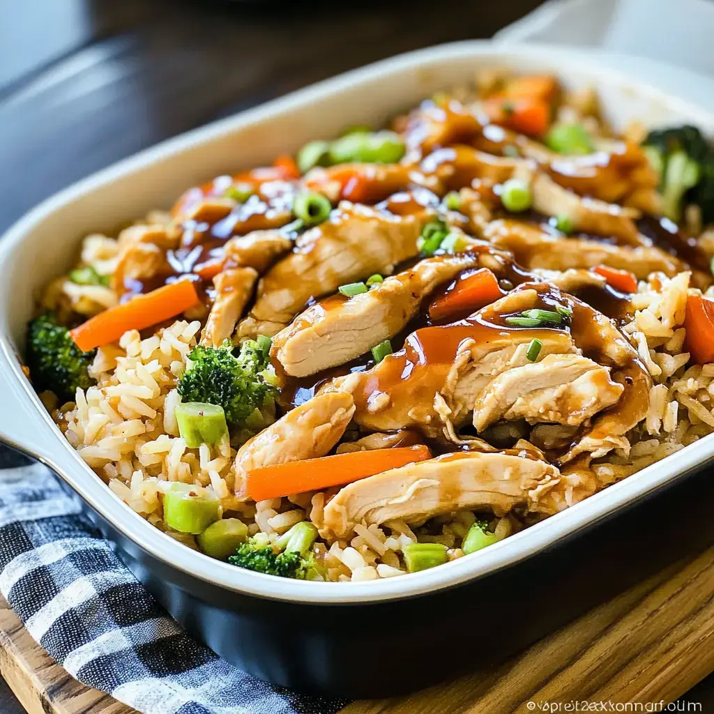Ganz nah: lockerer Reis, gebratene Hähnchenstreifen, Brokkoli und Karotten, alles glänzt in dunkler Teriyaki-Soße.