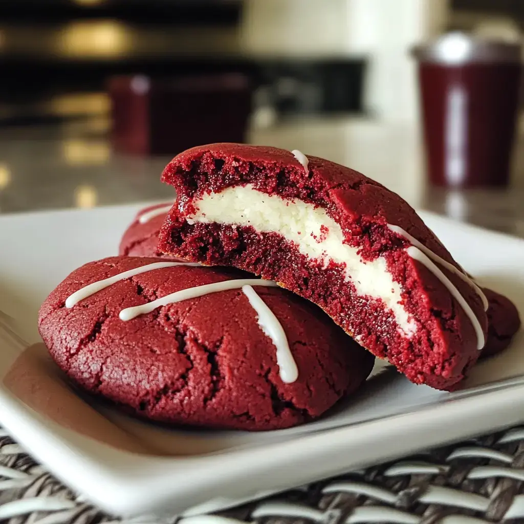 Auf einem Teller liegen rote Samt-Cookies mit weißer Frischkasemitte, einer ist angeschnitten und zeigt die Füllung.