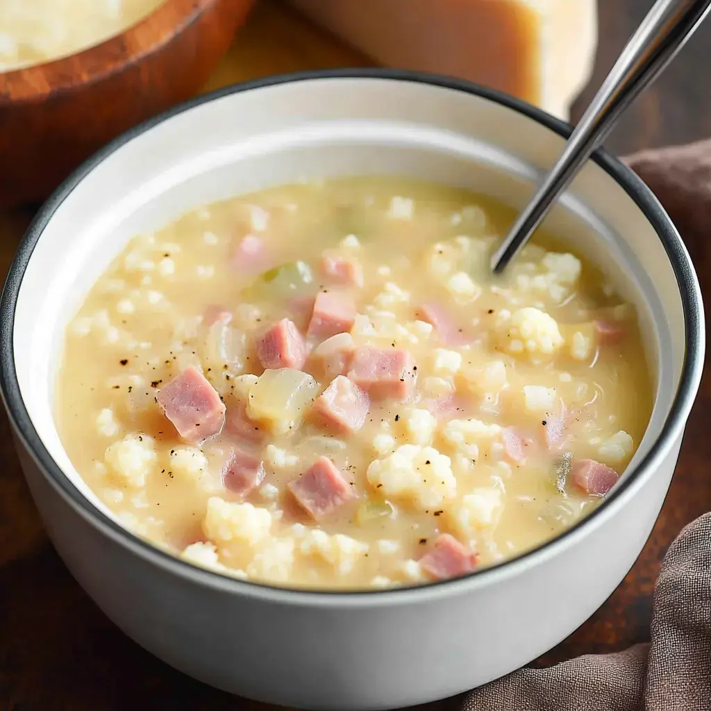 Eine Nahaufnahme einer Schüssel herzhafter Suppe mit gewürfeltem Schinken, Blumenkohl und Gemüse, mit einem Löffel darin.