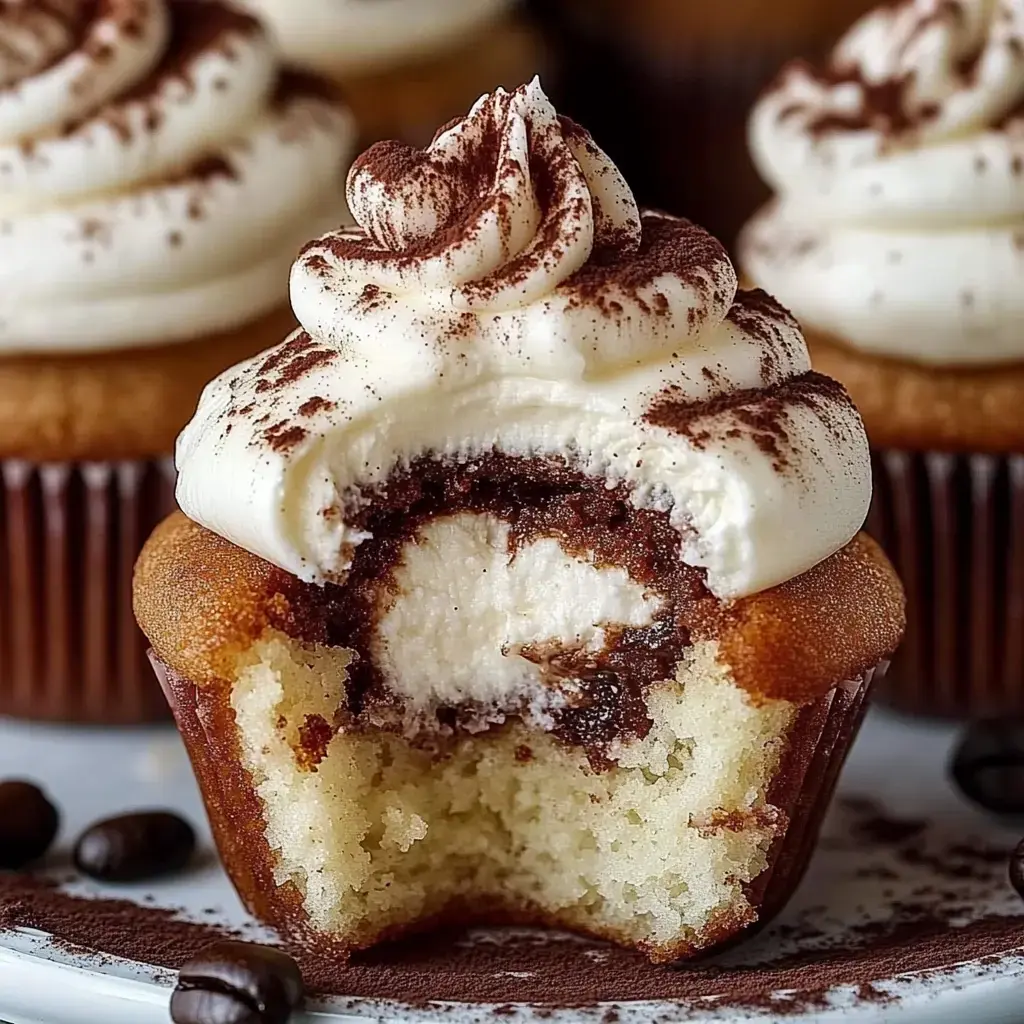 Eine Nahaufnahme eines Törtchens mit einer Spirale aus cremigem Frosting und einem Bissen, der eine Schokoladenfüllung und einen hellen Teig darunter zeigt.