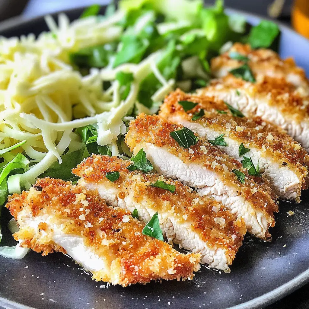 Ein Teller mit geschnittenem, paniertem Hähnchen, garniert mit Petersilie, serviert mit gemischtem Salat und geriebenem Käse.