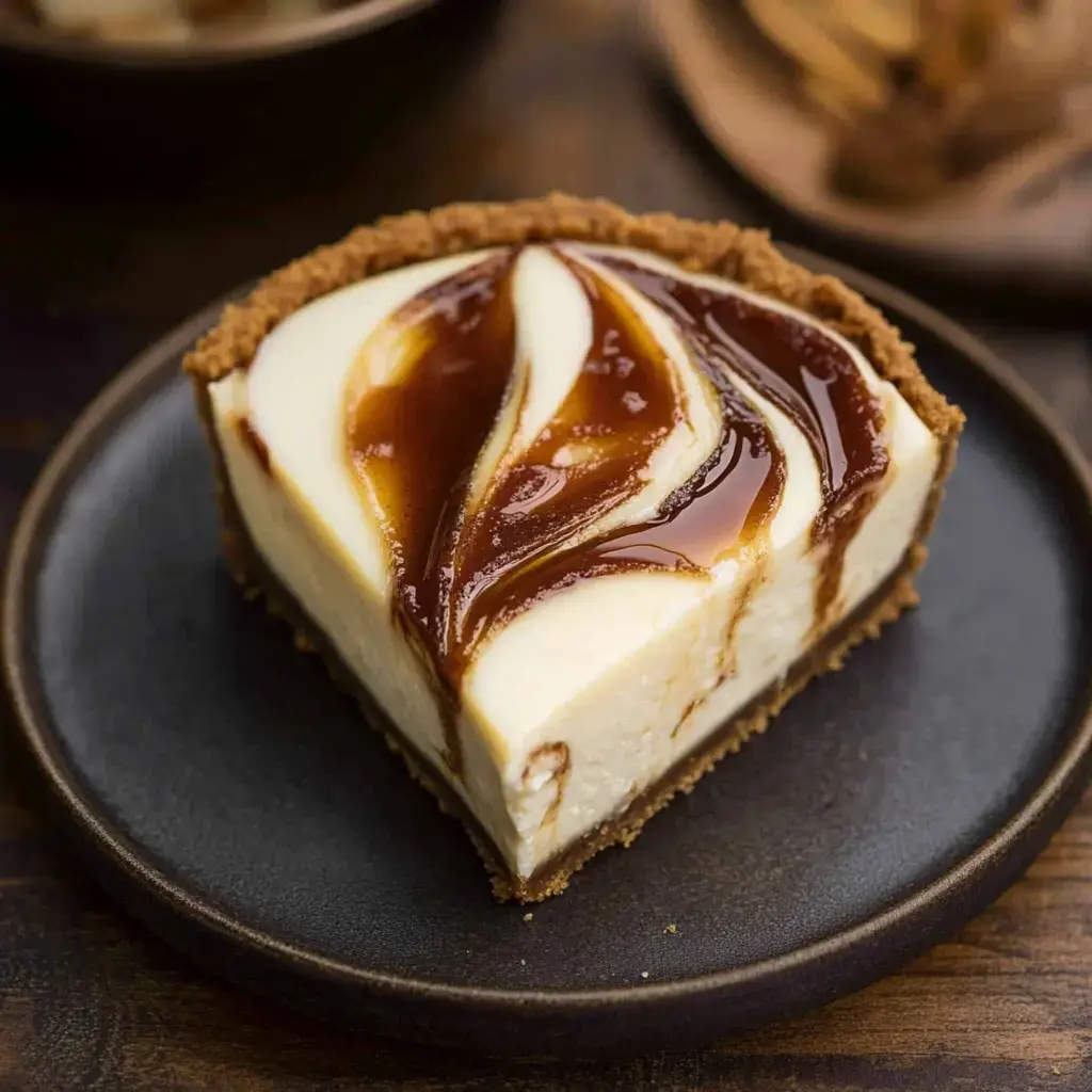 Ein Stück Käsekuchen mit cremiger Füllung und Karamellsauce auf einem dunklen Teller.