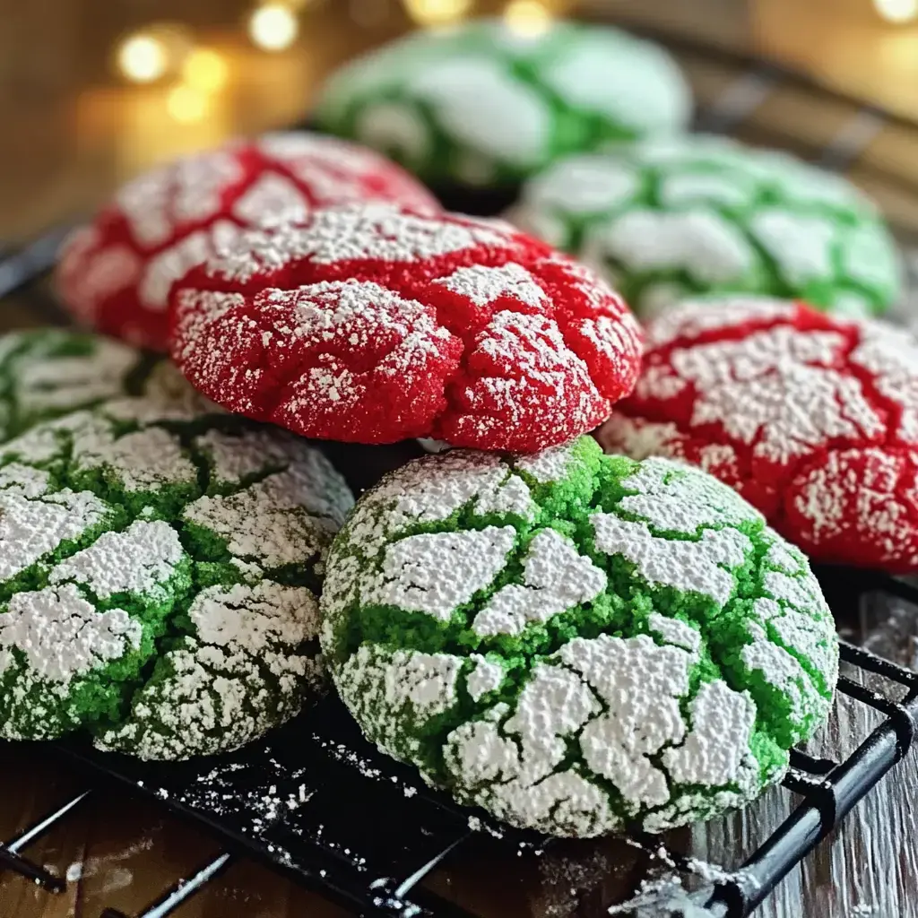 Rote und grüne Crinkle Kekse auf einem Gitter, üppig mit Puderzucker bedeckt und sanft beleuchtet.