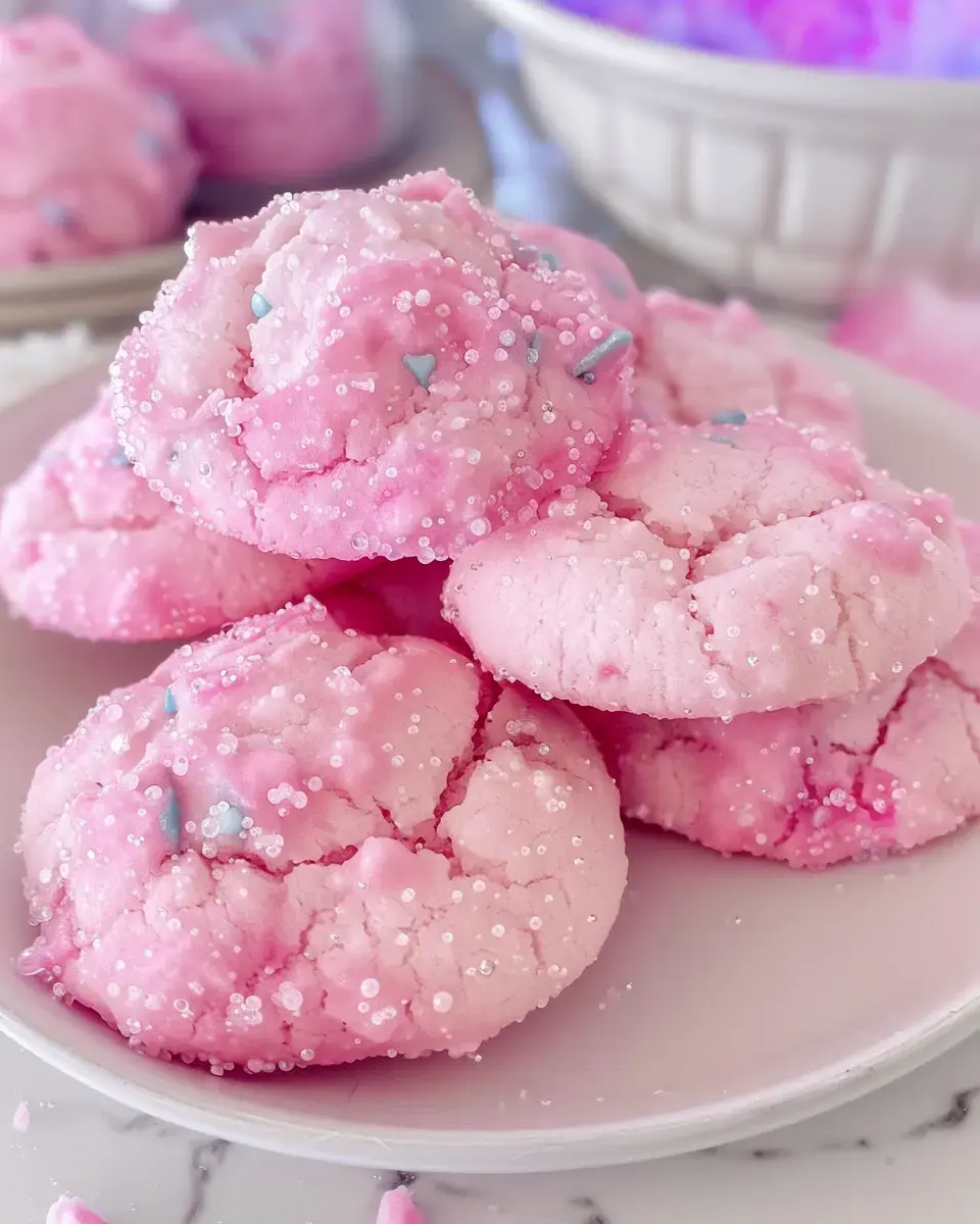 Nahaufnahme von pinken, fluffigen Keksen mit Zucker und blauen Streuseln auf weißem Teller.