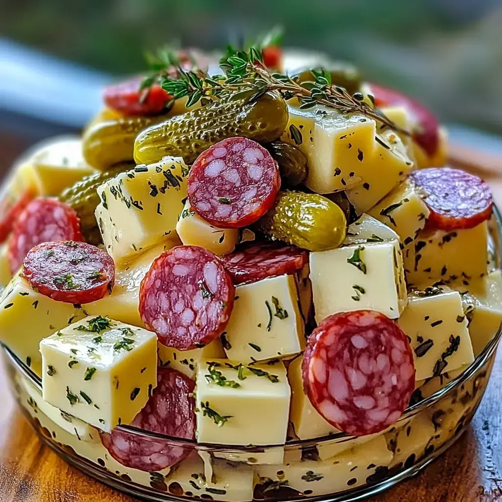 Eine Glasschale voller gewürfeltem Kase, geschnittener Salami, Gurkenstücken und frischen Kräutern.