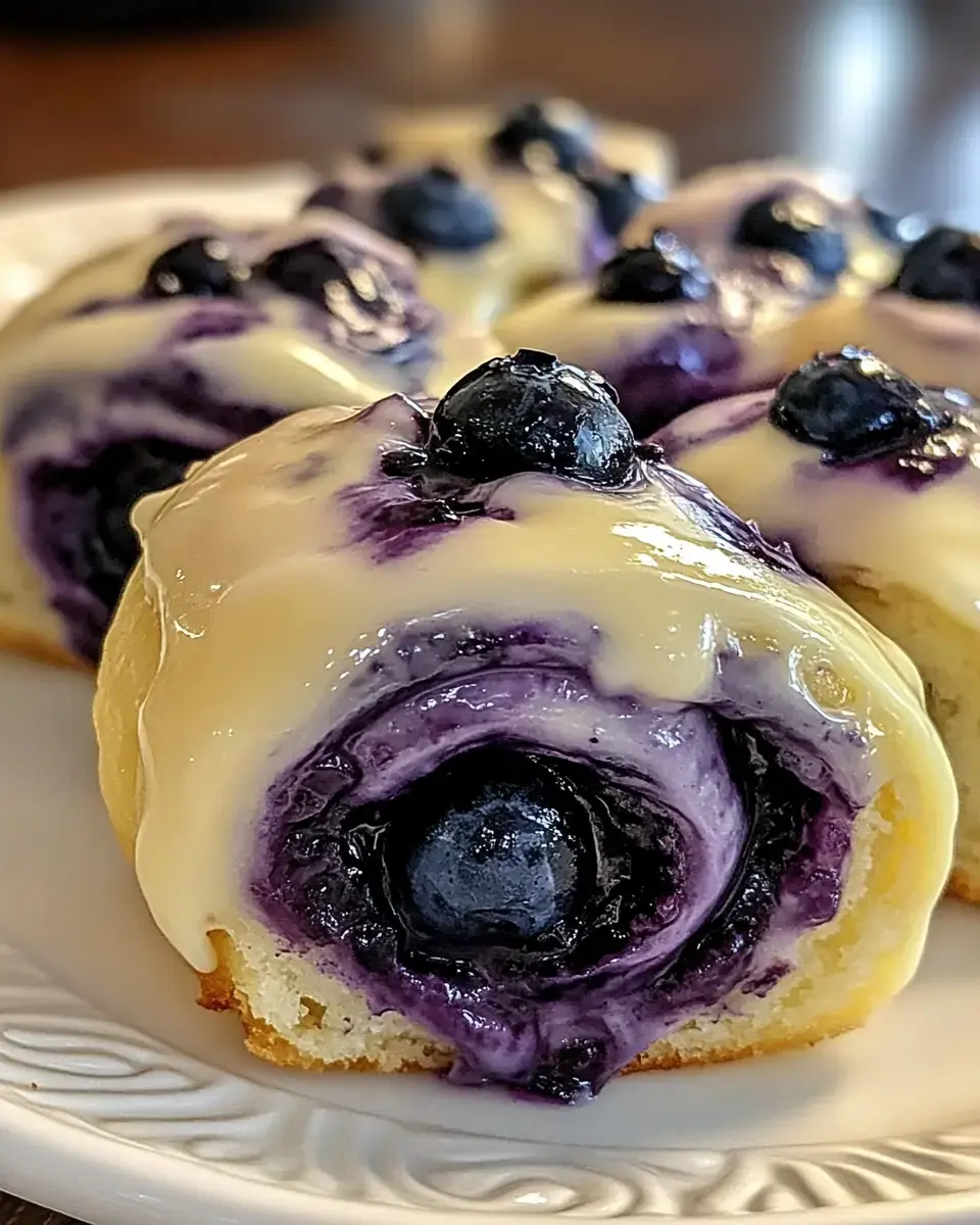 Nahaufnahme einer suessen Schnecke mit Blaubeerfüllung, Glasur und frischen Blaubeeren obenauf.