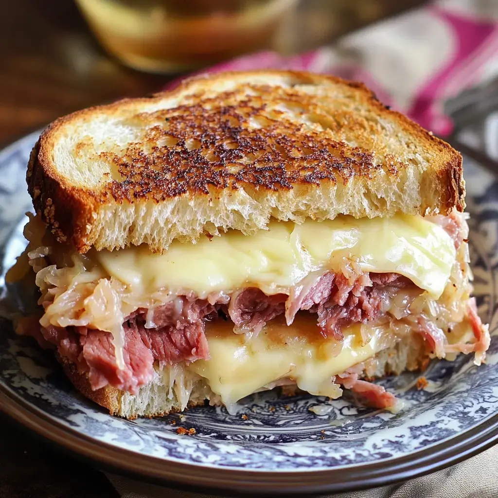 Eine Nahaufnahme eines getoasteten Sandwiches gefüllt mit geschmolzenem Käse, Corned Beef und Sauerkraut auf einem dekorativen Teller.