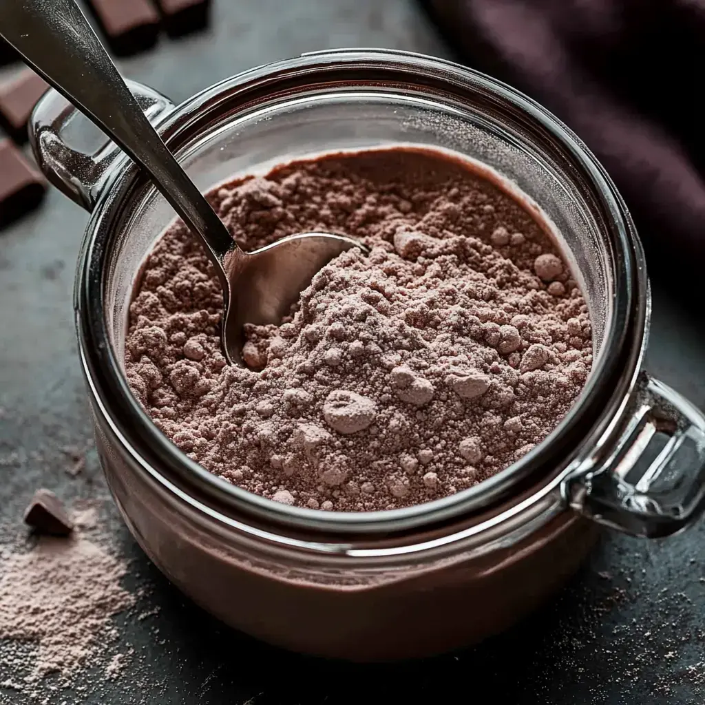 A jar filled with cocoa powder and a spoon, surrounded by pieces of chocolate.