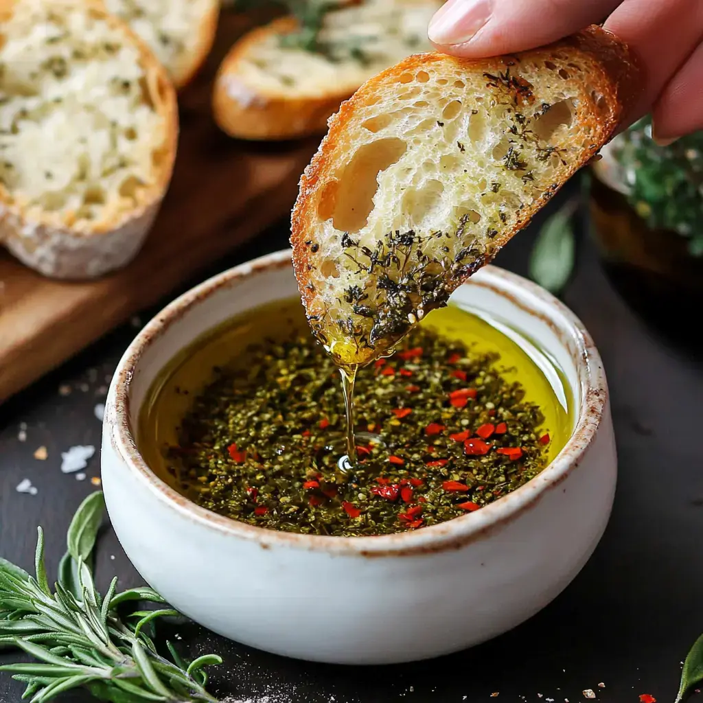 Eine Hand tunkt ein kräuterbestreutes Brotstück in eine Schale mit gewürztem Olivenöl und Chiliflocken.