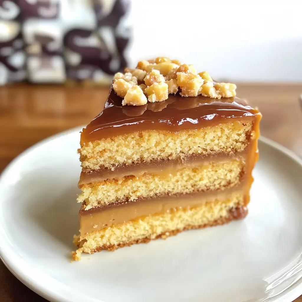 Ein Stück Karamellkuchen mit Glasur und Nüssen liegt auf einem weißen Teller.