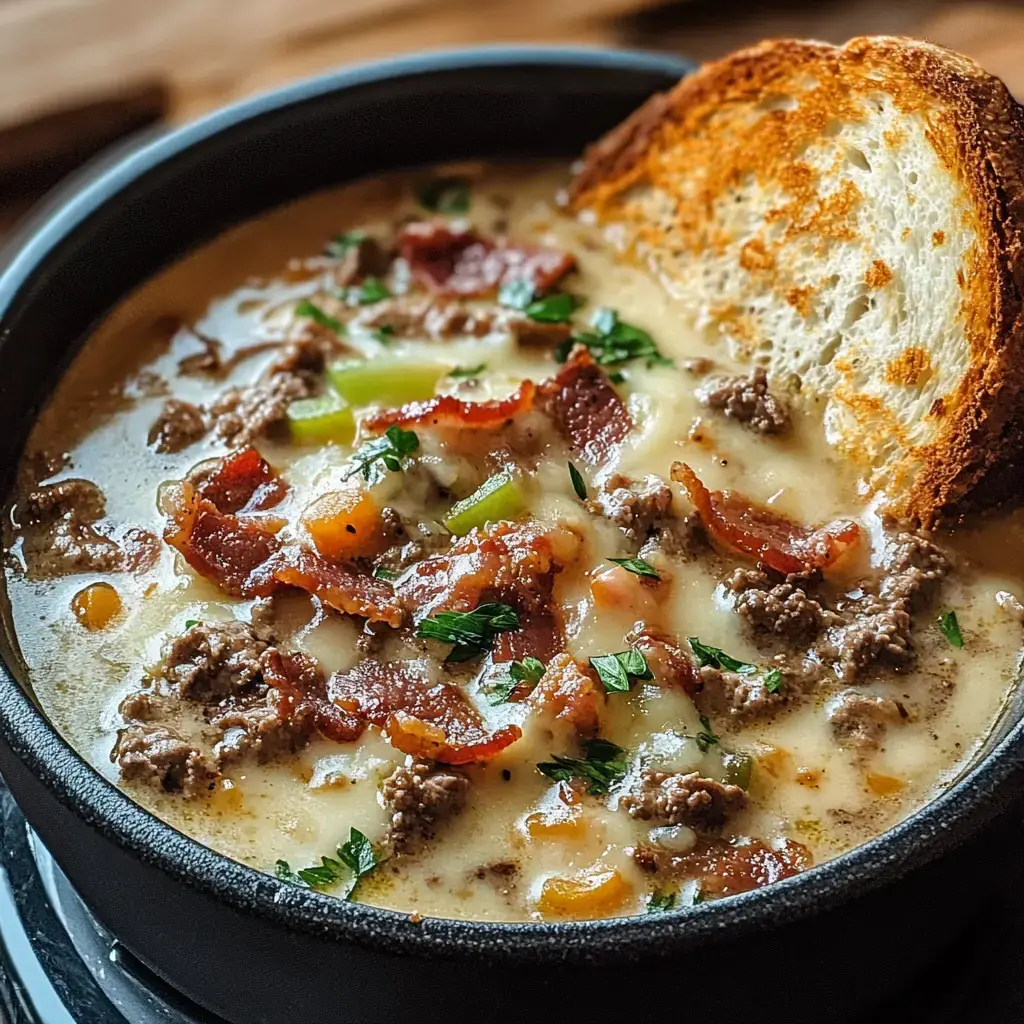 Eine Schüssel cremiger Suppe garniert mit knusprigem Speck, Rinderhack, gehacktem Gemüse und Petersilie, begleitet von einer Scheibe getoastetem Brot.