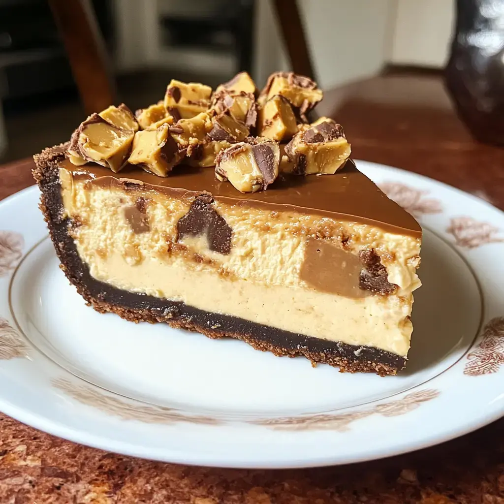 Ein Stück Torte mit Schokokeks-Boden, cremiger Erdnussfüllung und Schokolade, dekoriert mit gehackten Erdnussbutterrieglen.