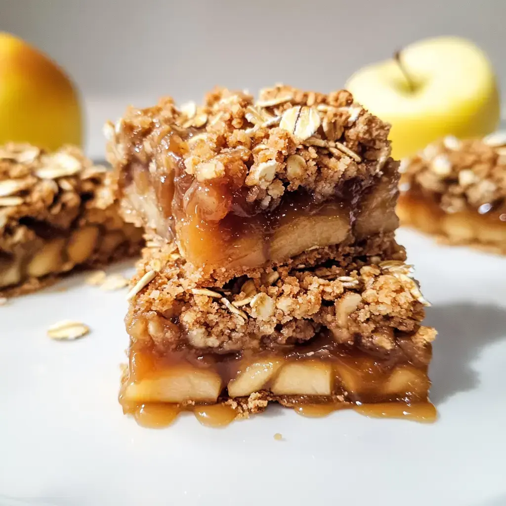 Eine Nahaufnahme von geschichteten Apfel-Crumble-Riegeln mit Haferflockentopping und einem ganzen gelben Apfel im Hintergrund.