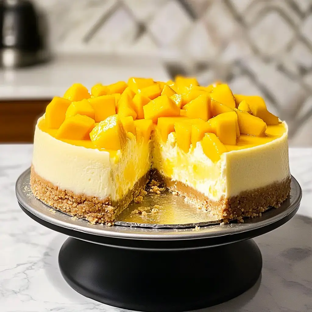 Ein sahniger Mango-Kuchen auf Silberplatte, mit Stuck herausgeschnitten und frischen Mangos oben drauf.