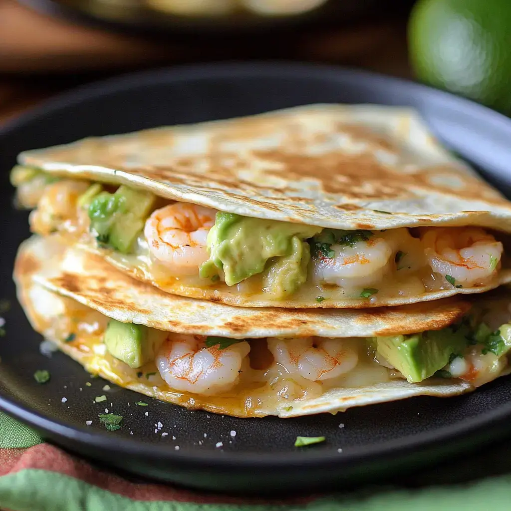 Eine Nahaufnahme von zwei gestapelten Garnelen-Quesadillas gefüllt mit geschmolzenem Käse und Avocado, serviert auf einem schwarzen Teller.