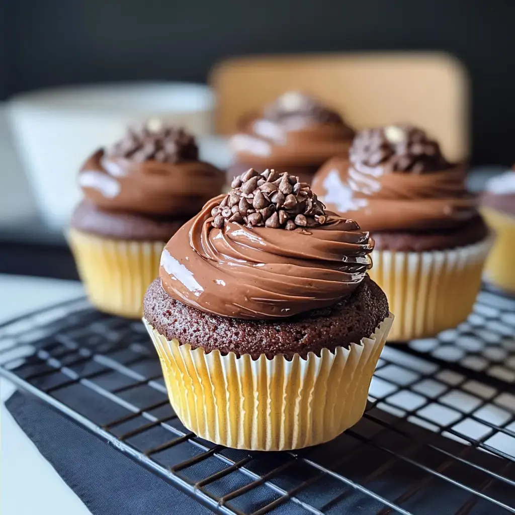 Nahaufnahme von Schokocupcakes mit cremigem Schokotopping und Streuseln auf einem Abkühlgitter.