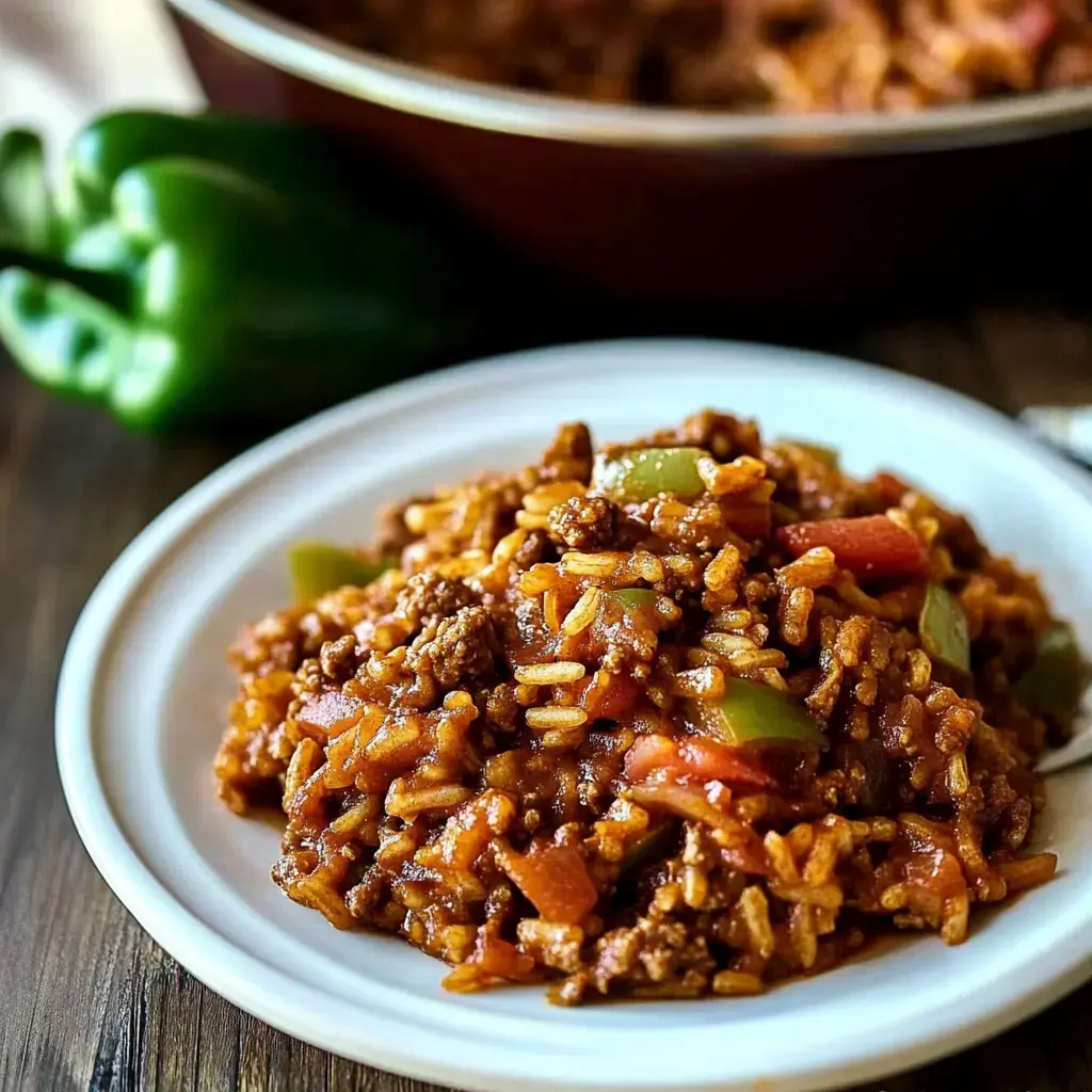 Eine Portion gewürztes Hackfleisch mit Reis, grüner Paprika und Tomaten auf einem weißen Teller, mit einem Topf des Gerichts und grünen Paprikaschoten im Hintergrund.