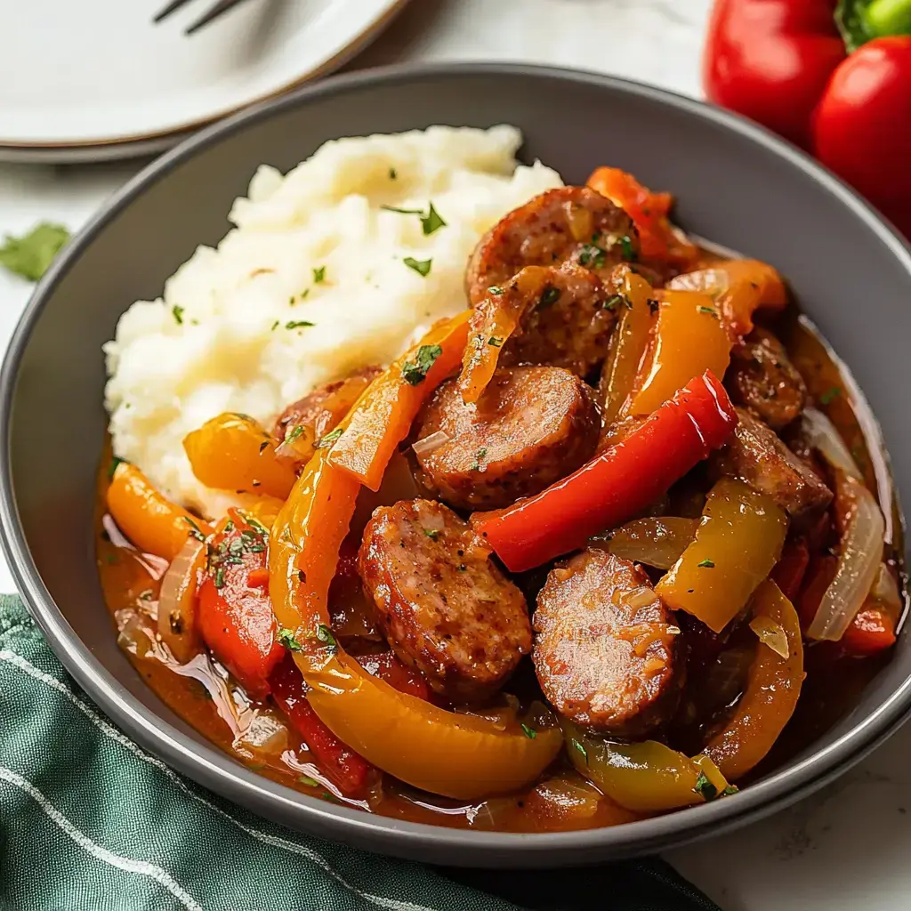 Eine Schüssel mit Wurst und gemischten Paprikaschoten, serviert mit cremigem Kartoffelpüree und frischen Kräutern garniert.
