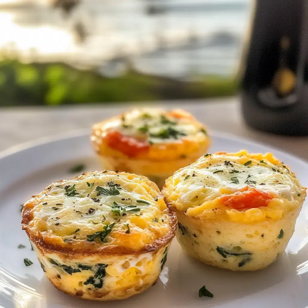 Nahaufnahme von Ei-Tassen mit Spinat und Tomaten, mit Krautern garniert, auf weissem Teller. Unscharfer Hintergrund.