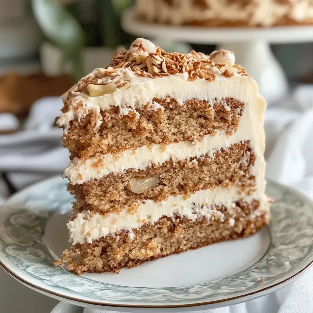 Ein Stueck saftiger Schichtkuchen mit Frischkaese und Nuss, auf dekorativem Teller.