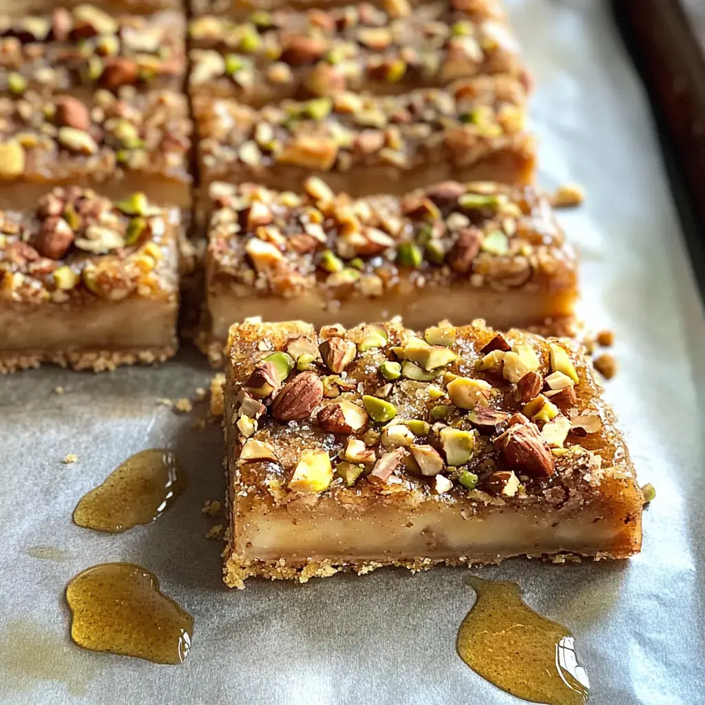 Eine Nahaufnahme von quadratischen Stücken eines mit Nüssen belegten und mit Honig beträufelten Desserts auf Backpapier.
