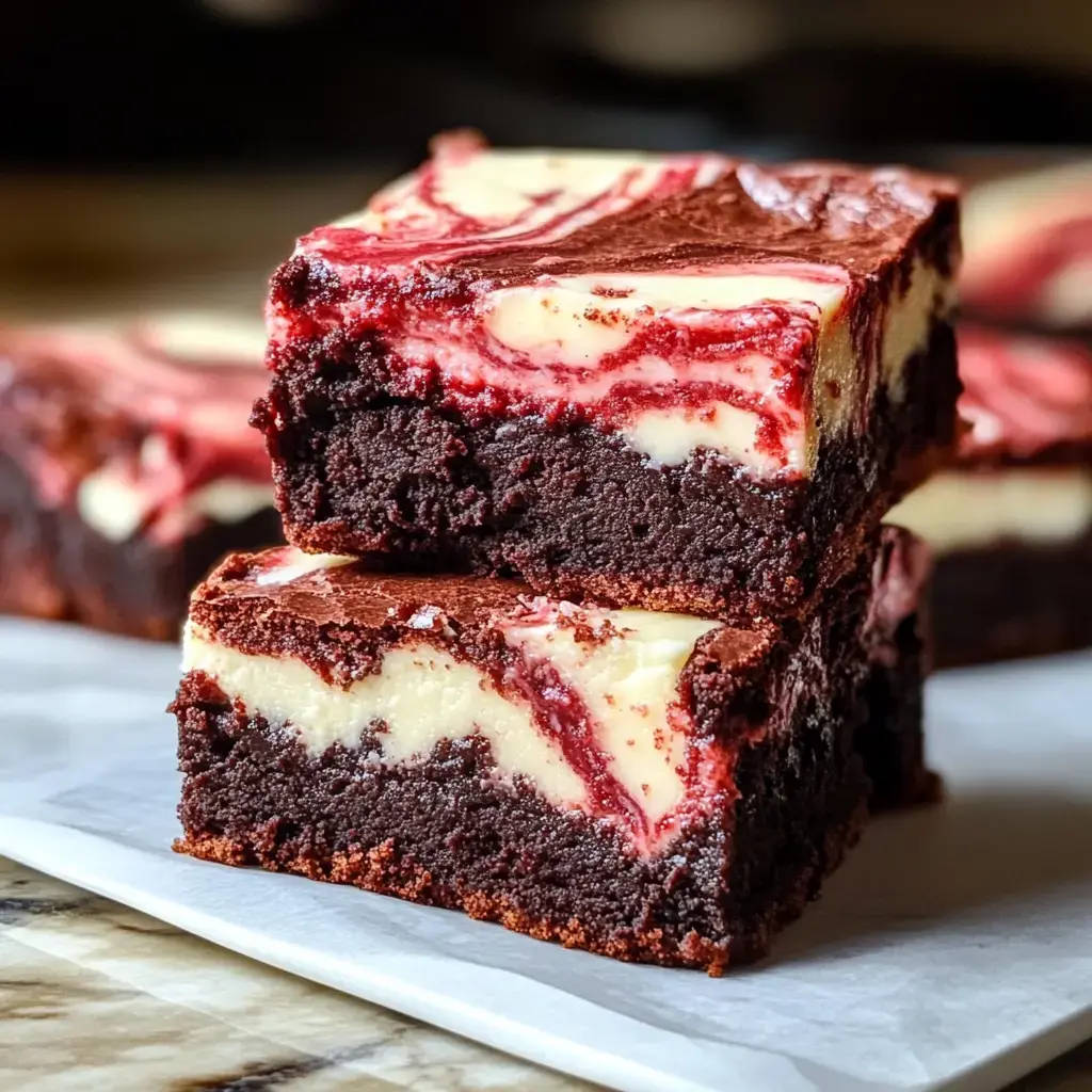 Zwei saftig braune Brownies mit weiß-roten Frischkäsewirbeln auf einer weißen Fläche gestapelt.