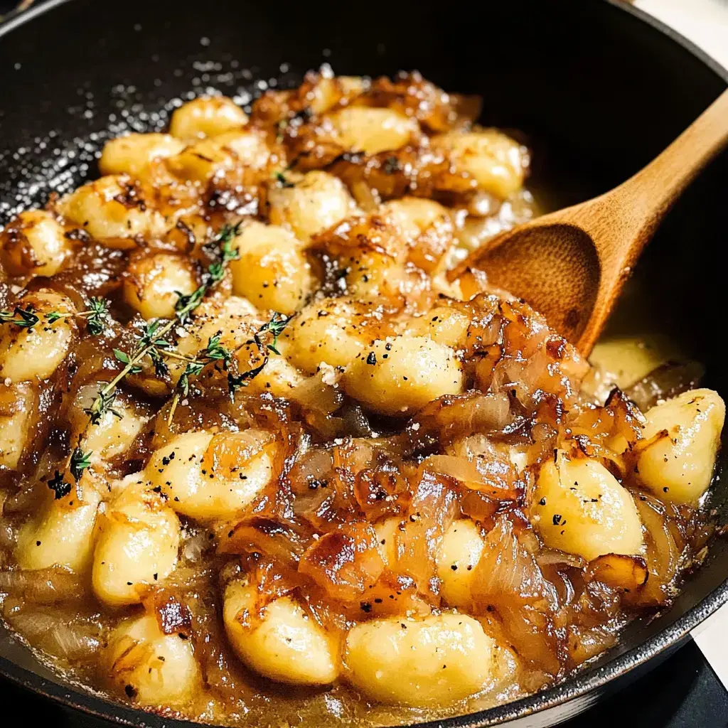 Eine Nahaufnahme von gebratenen Gnocchi mit karamellisierten Zwiebeln und frischem Thymian in einer Pfanne.