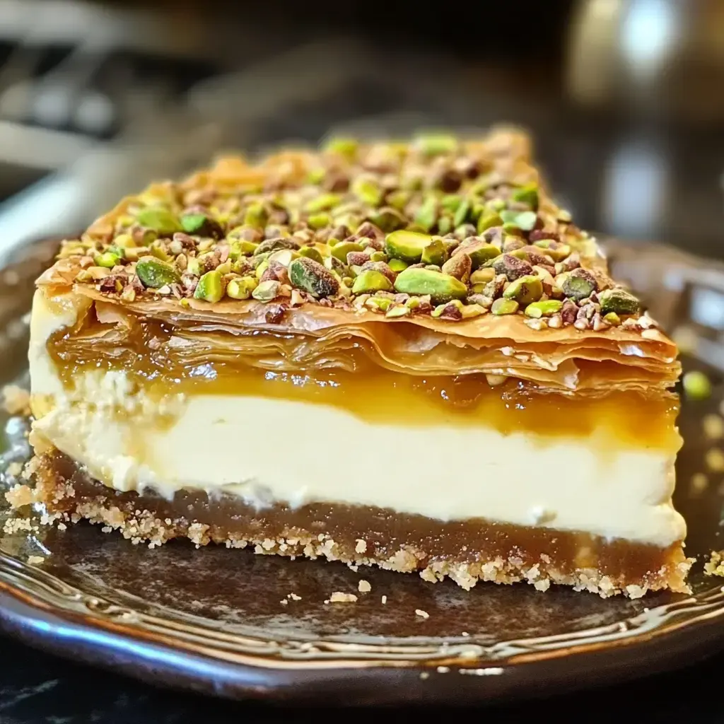 Ein Stück geschichtetes Dessert mit Filoteig, cremiger Füllung und glänzender Oberfläche sowie gehackten Pistazien auf einem dunklen Teller.