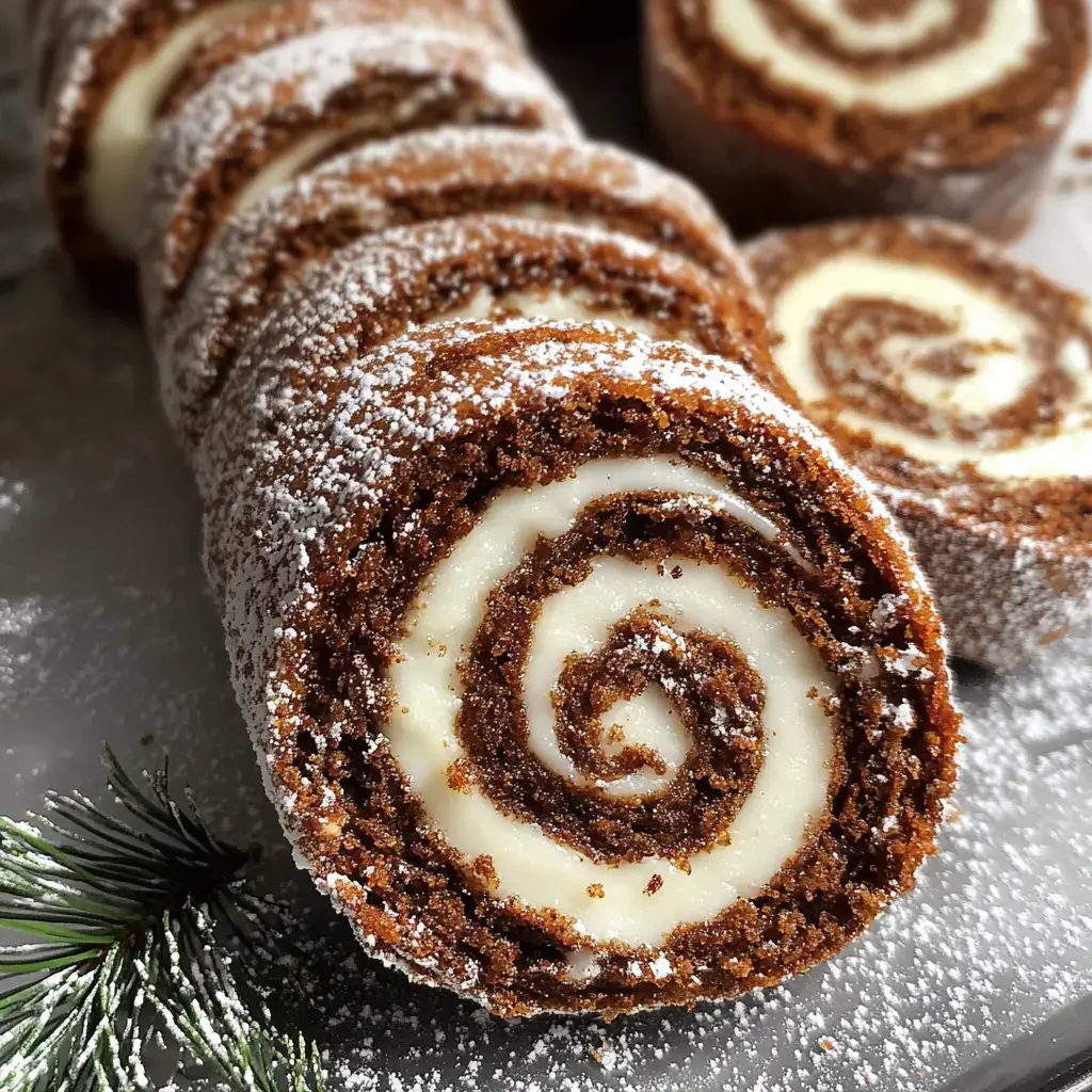 Eine Nahaufnahme von Schokoladenrollkuchenstücken mit Puderzucker bestäubt, die eine cremige weiße Füllung und ein Spiralmuster zeigen.