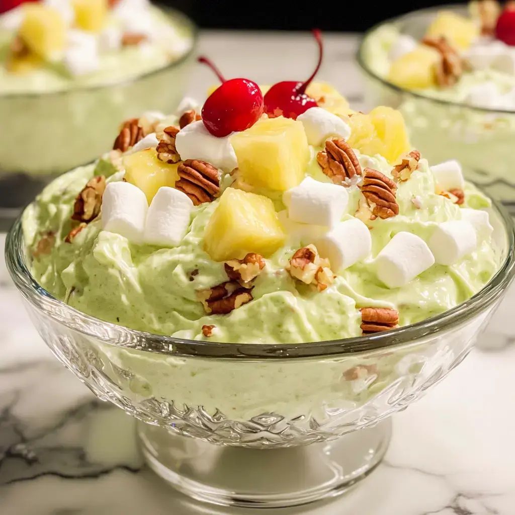 Eine Schale mit grünem fluffigem Dessert, obenauf gehackte Pekannüsse, Ananasstücke, Mini-Marshmallows und Cocktailkirschen.