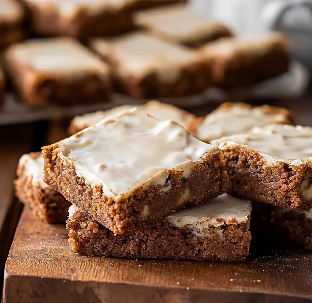 Nahaufnahme von gestapelten, glasierten, hellen Brownies auf Holz.