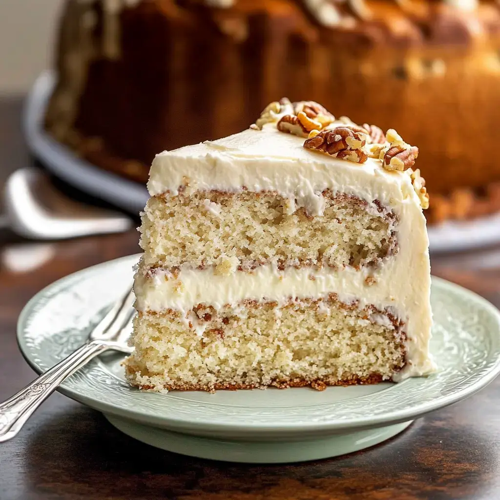 Ein Stück cremig glasierte Torte mit Pekannüssen auf einem hellgrünen Teller, der die Schichttextur zeigt.