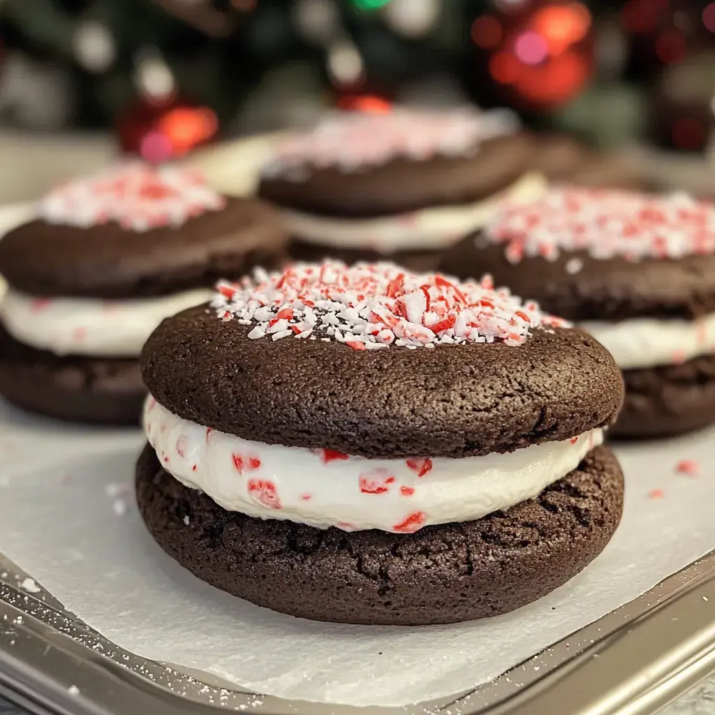 Nahaufnahme von Schokoladensandwiches mit weißer Füllung und zerstoßenen Minzstücken vor weihnachtlichem Hintergrund.