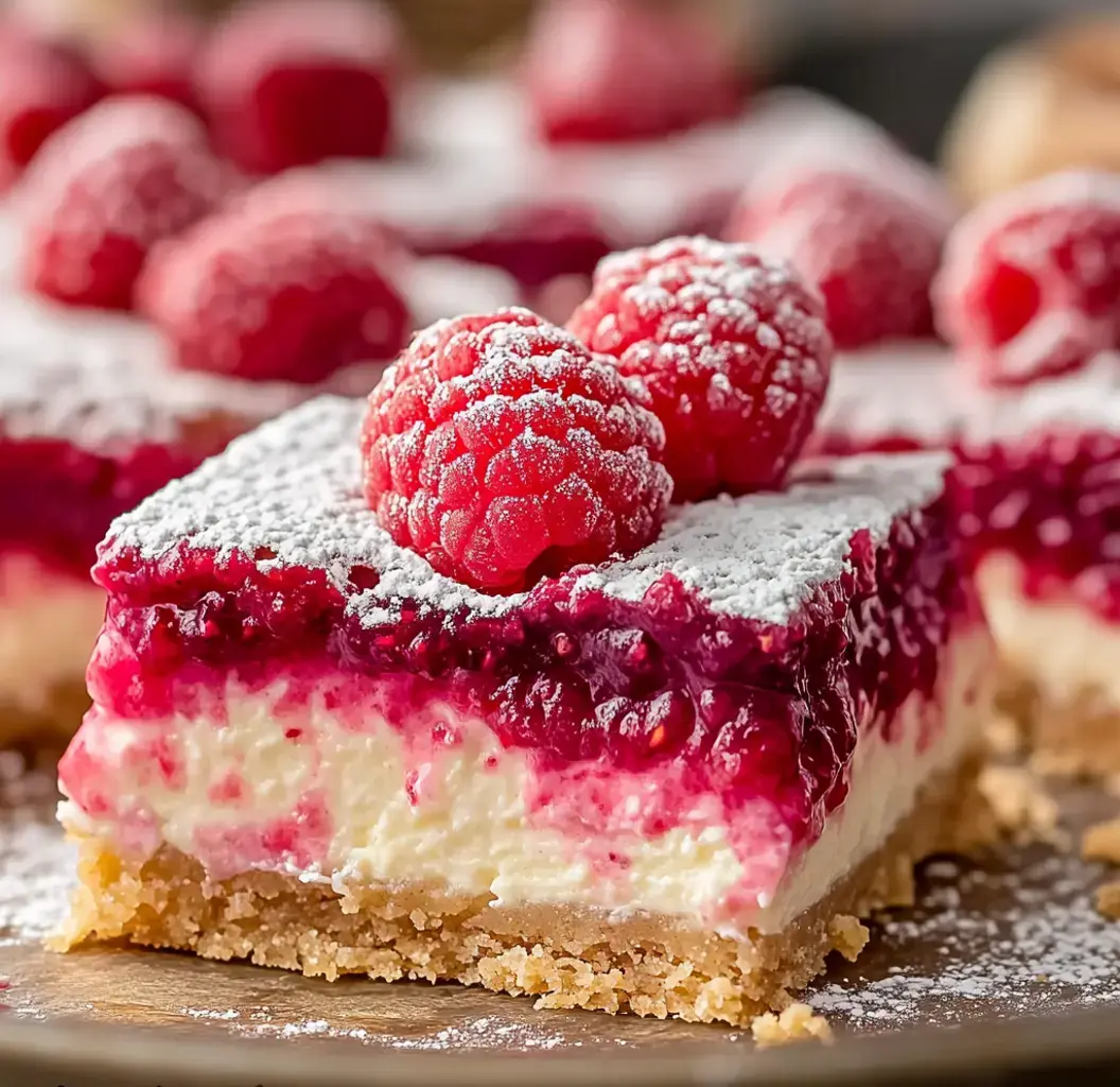 Eine Nahaufnahme einer Himbeernachspeise mit cremiger Schicht und Puderzucker, garniert mit frischen Himbeeren.