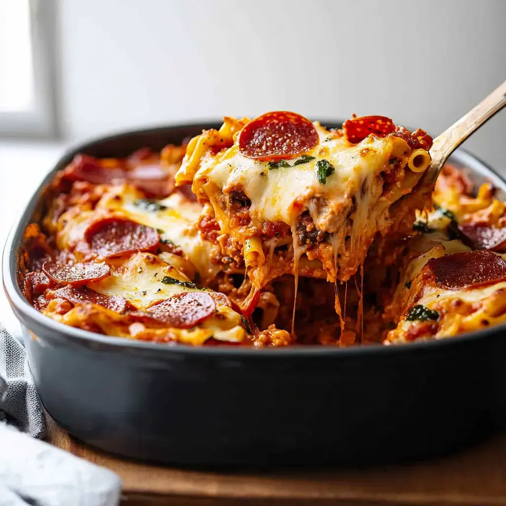 Eine Portion käsigen Pepperoni-Lasagne wird aus einer schwarzen Backform gehoben und zeigt Schichten aus Nudeln, Fleisch und geschmolzenem Käse.