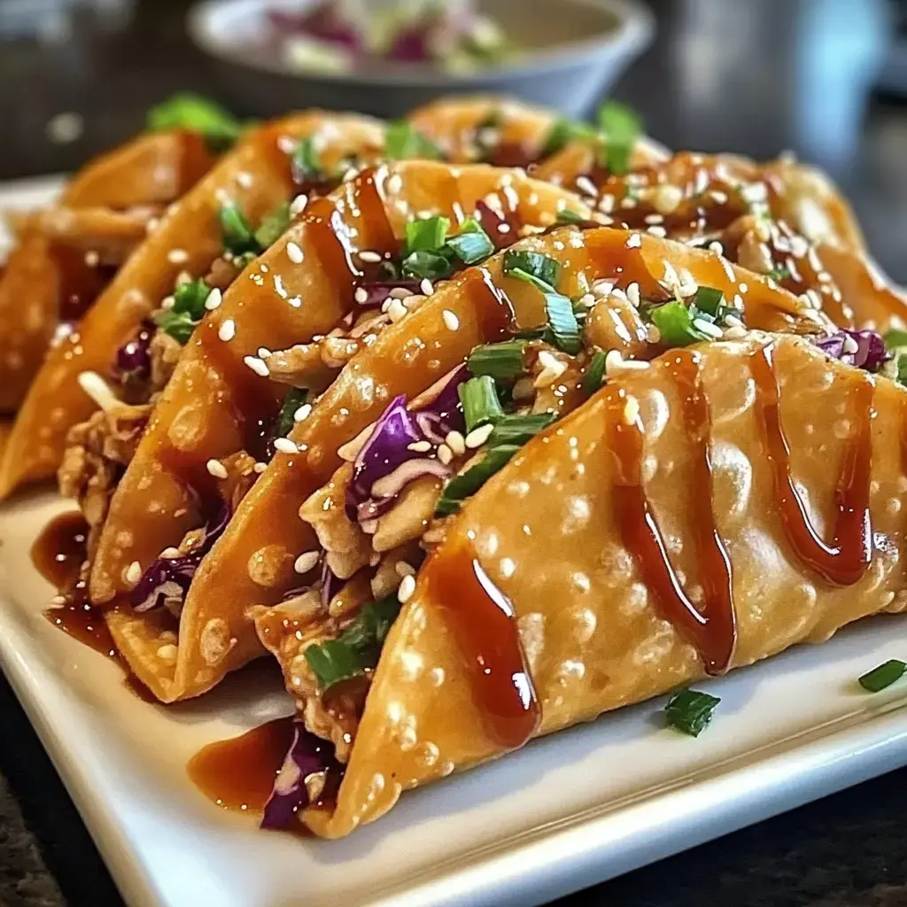 Ein Teller mit knusprigen Tacos gefüllt mit Hähnchenfleisch, Rotkohl und garniert mit Frühlingszwiebeln, Sesamsamen und einem Klecks Sauce.