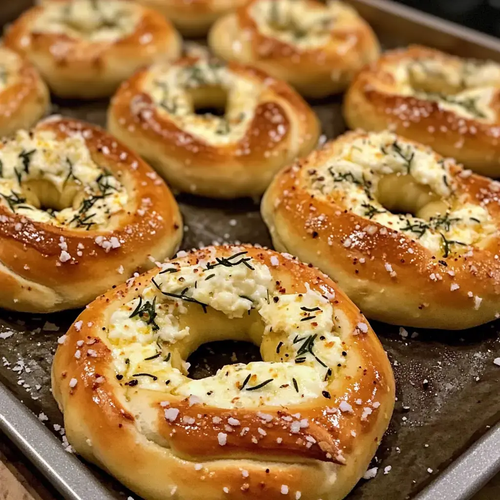 Ein Tablett mit frisch gebackenen Bagels, garniert mit Frischkäse und Kräutern.