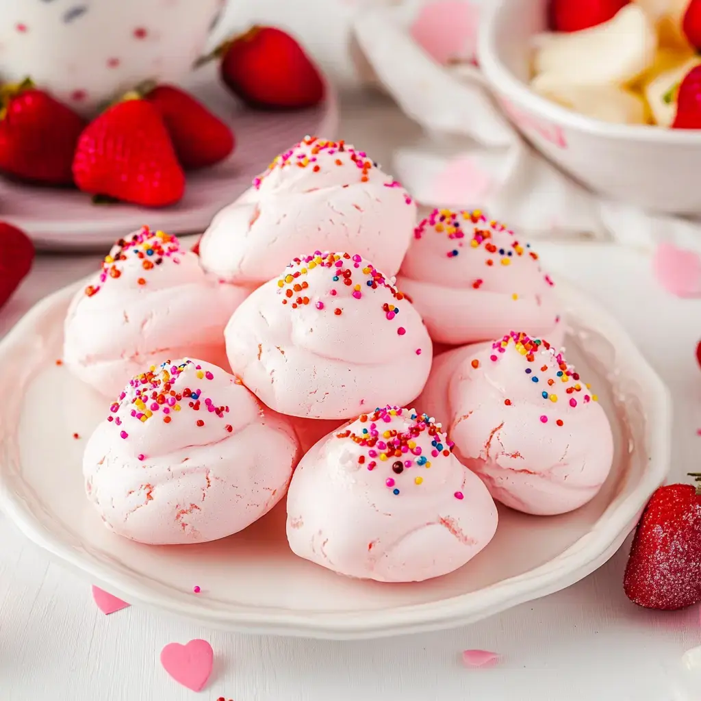 Ein Teller mit rosa Baiser-Küsschen, die mit bunten Streuseln verziert sind, umgeben von frischen Erdbeeren und herzförmigen Dekorationen.