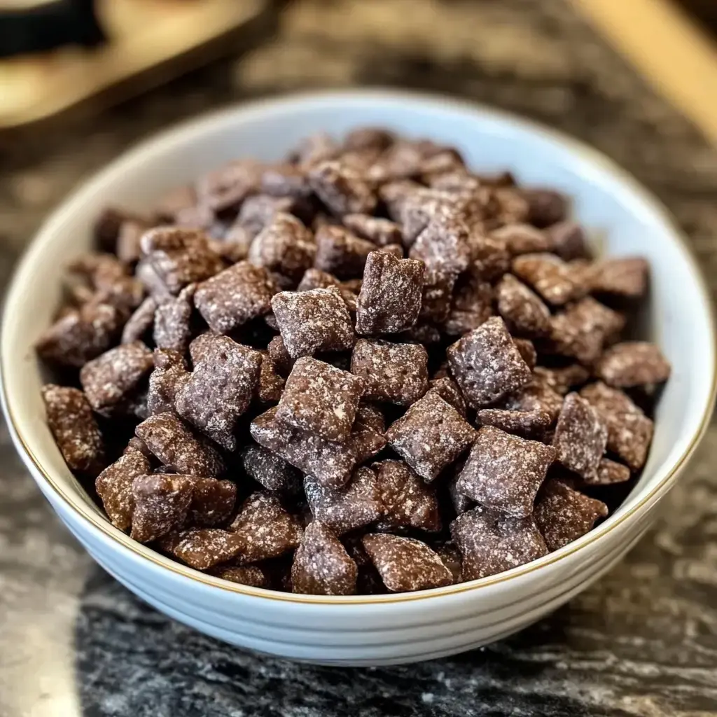 Eine Schüssel gefüllt mit kleinen, schokoladenüberzogenen, quadratischen Snacks steht auf einer dunklen Arbeitsplatte.
