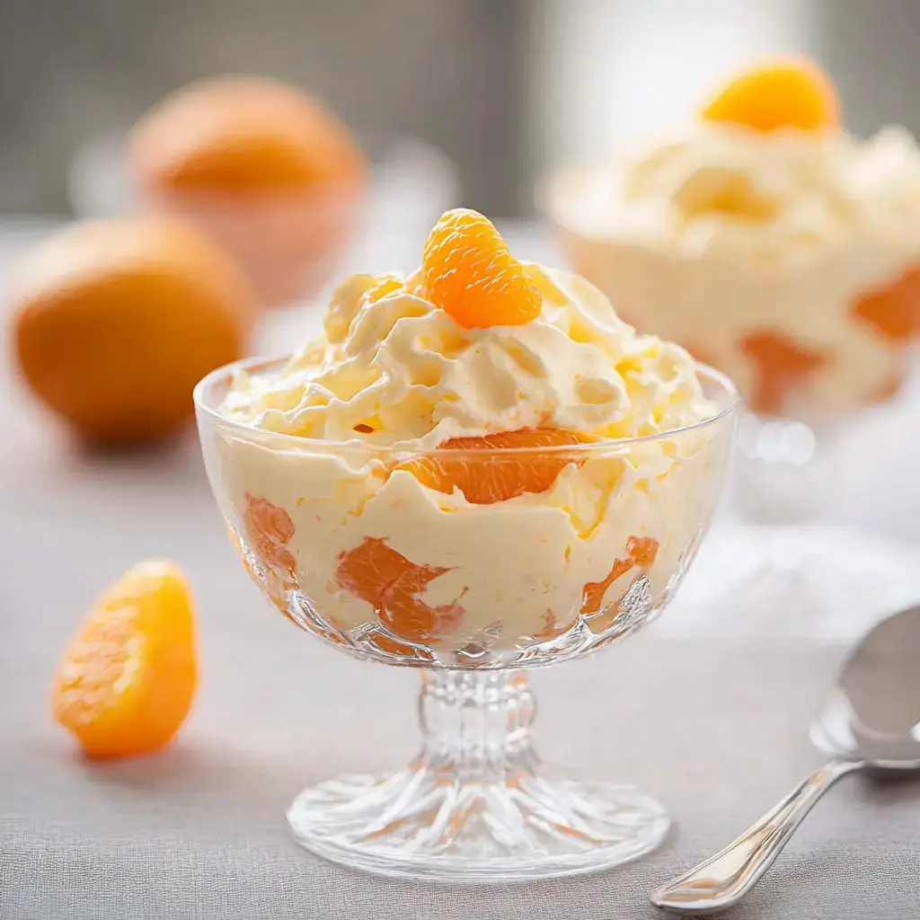 Eine Glasdessertschale gefüllt mit Schlagsahne und Orangenstücken, garniert mit einer Orangenscheibe, wird neben ganzen Orangen präsentiert.