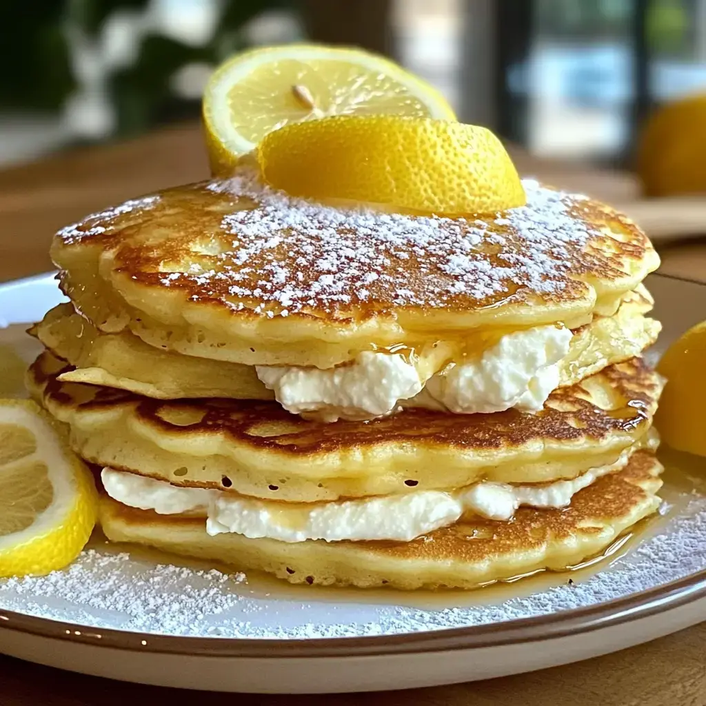 Ein Stapel fluffiger Pfannkuchen ist mit Zitronenscheiben, Puderzucker bestreut und mit Sirup beträufelt.