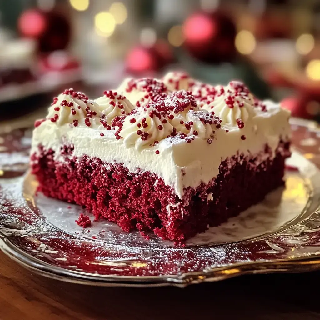 Ein Stück roter Samtkuchen mit Frischkäse-Glasur und roten Streuseln, serviert auf einer Silberplatte vor festlichem Hintergrund.
