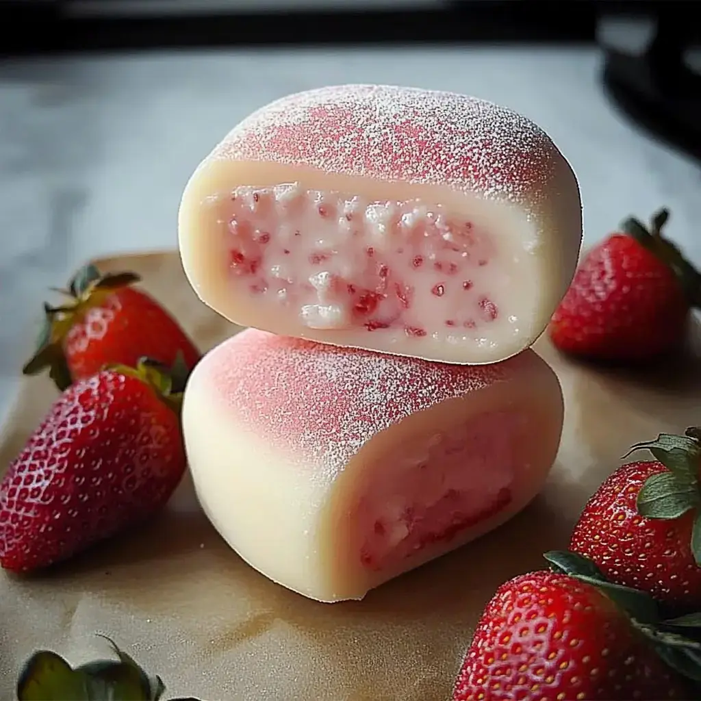 Eine Nahaufnahme von zwei Stücken rosa Erdbeermochi, mit frischen Erdbeeren drumherum verstreut.