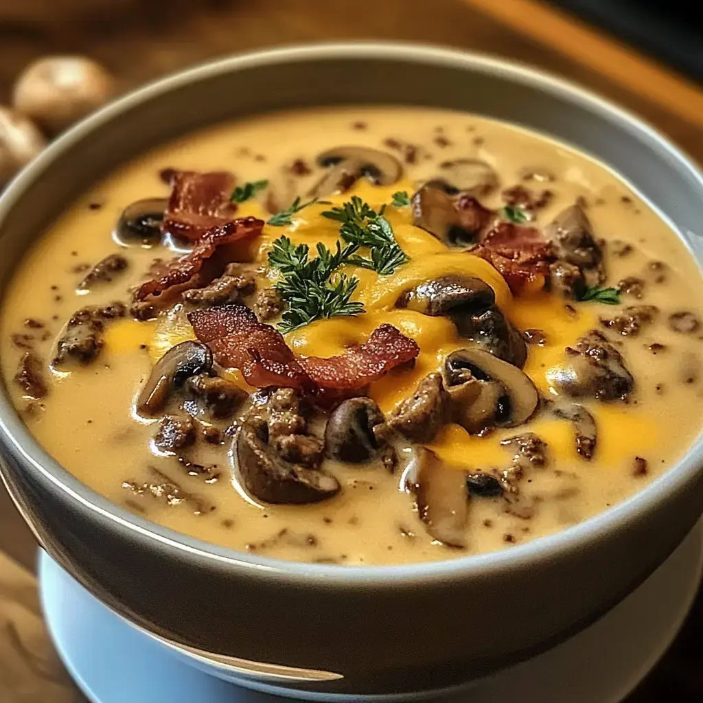 Eine cremige Suppe mit frischen Pilzen, Rinderhack, krossem Bacon, geschmolzenem Kase und Grun, serviert in einer Schale.